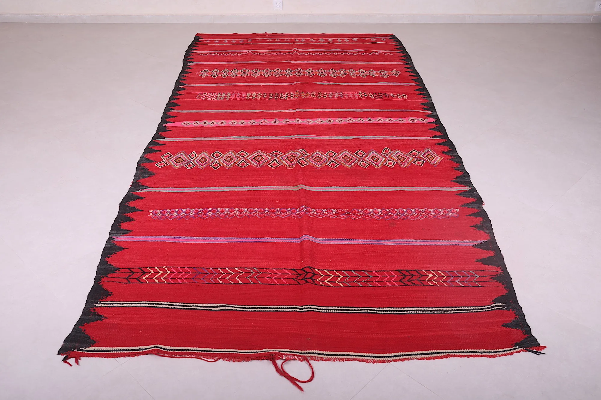 Handwoven Kilim 5.5 x 12 Feet – Vibrant Red Moroccan Wool Rug