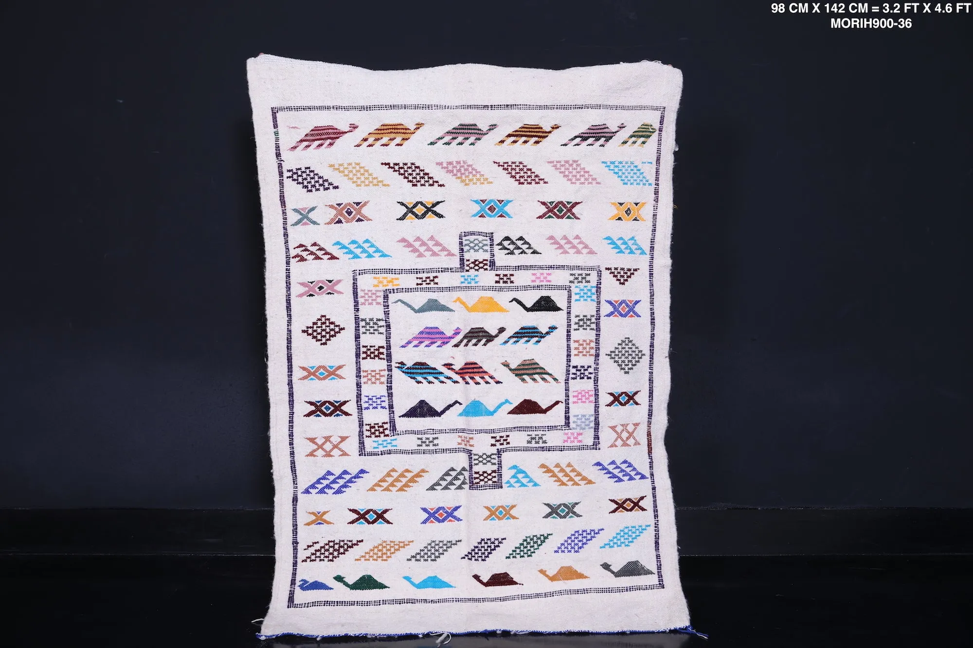 Handwoven White Moroccan Kilim Rug - 3.2x4.6 ft with Colorful Tribal Patterns