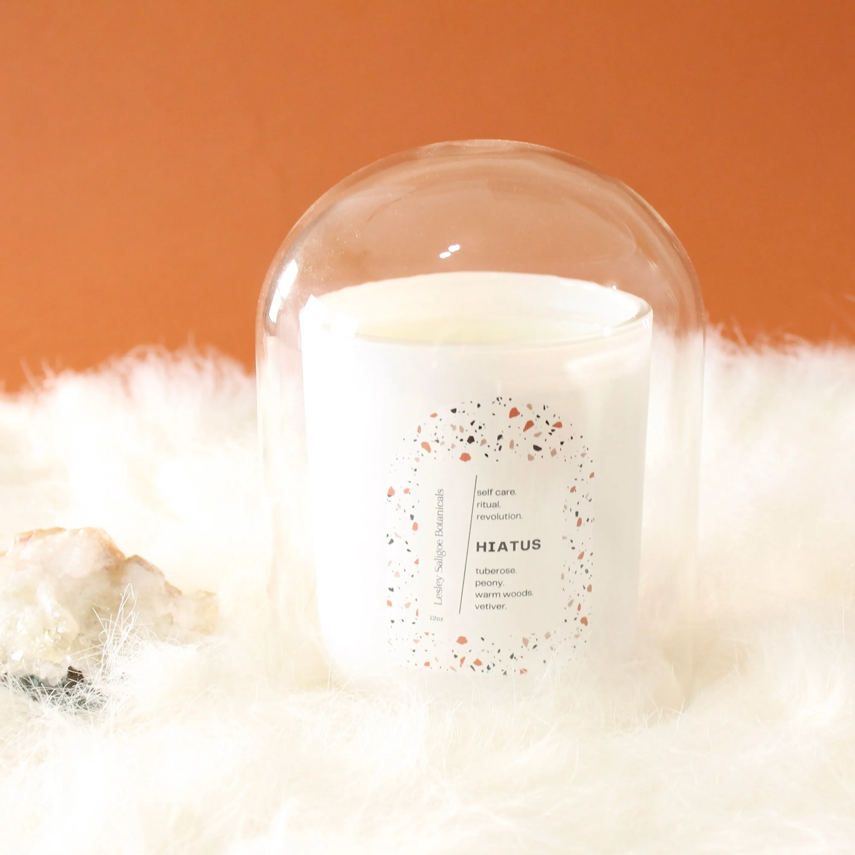HIATUS Hand Poured Candle. Tuberose. Peony. Warm Woods. Wood Wick. 12 oz. Matte White.
