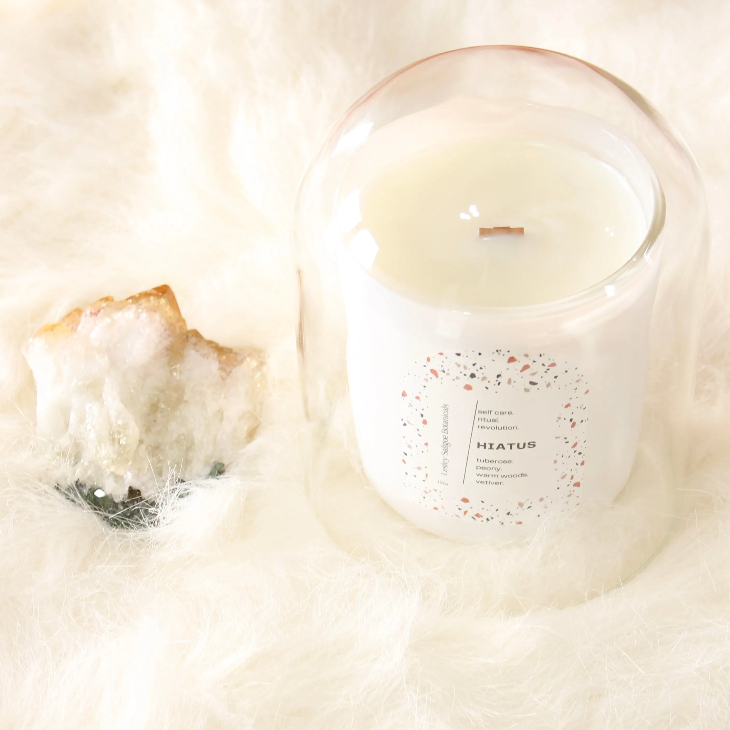HIATUS Hand Poured Candle. Tuberose. Peony. Warm Woods. Wood Wick. 12 oz. Matte White.