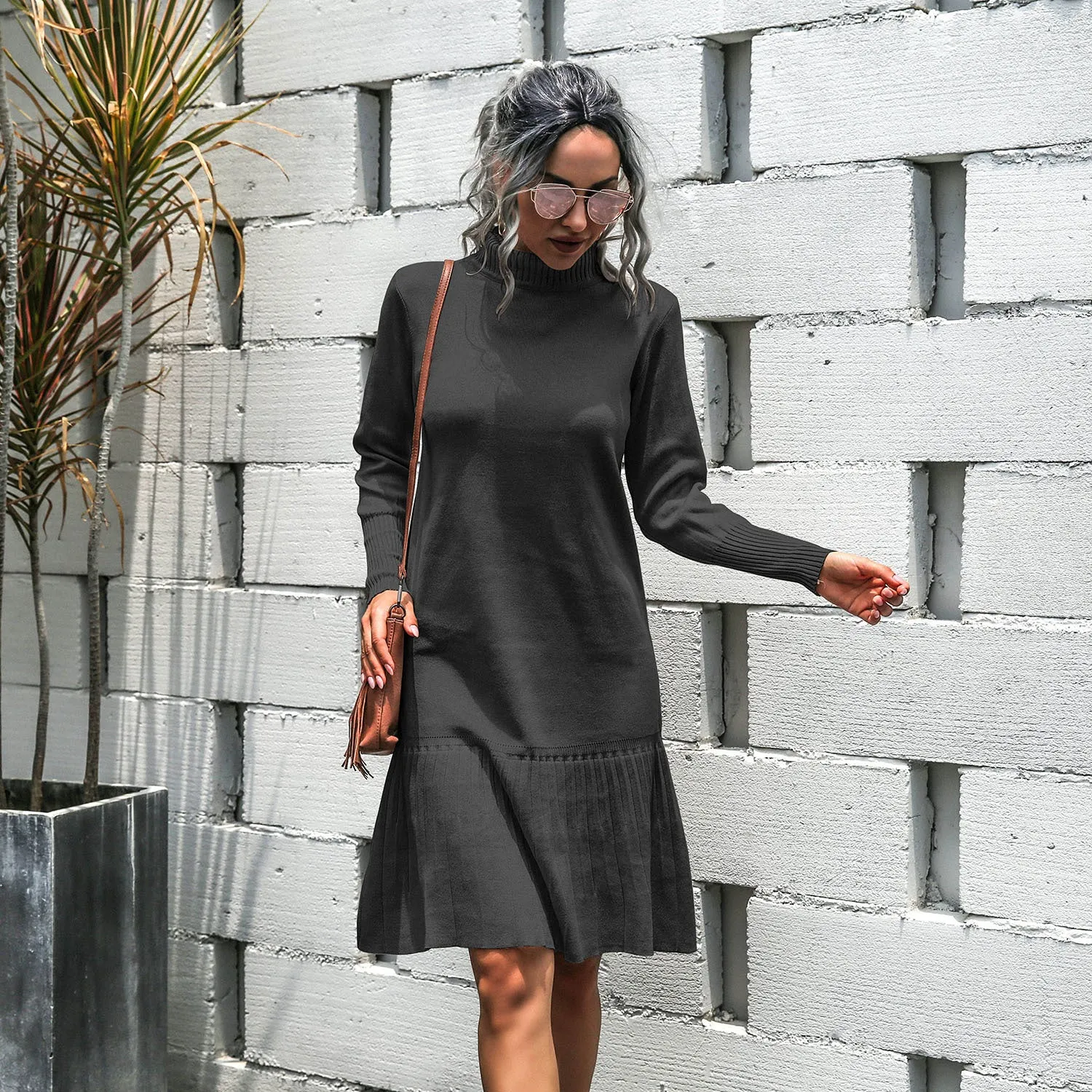 High-collared Ruffled Knit Pleated Sweater Mini Dresses