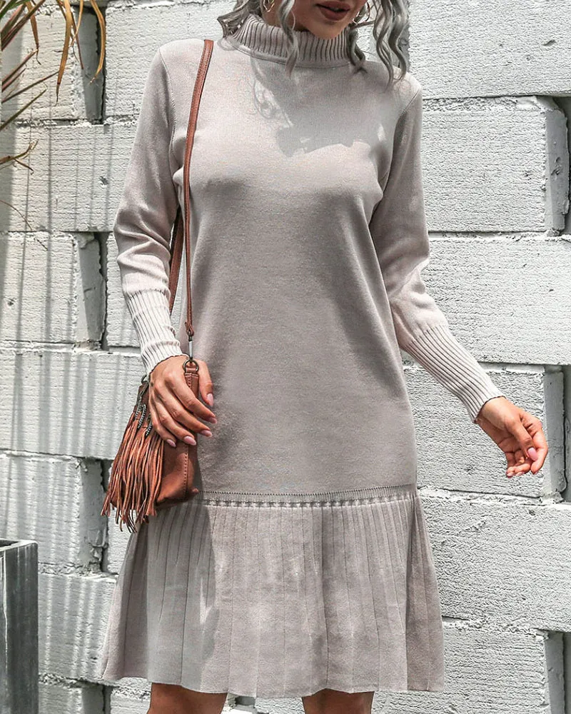 High-collared Ruffled Knit Pleated Sweater Mini Dresses