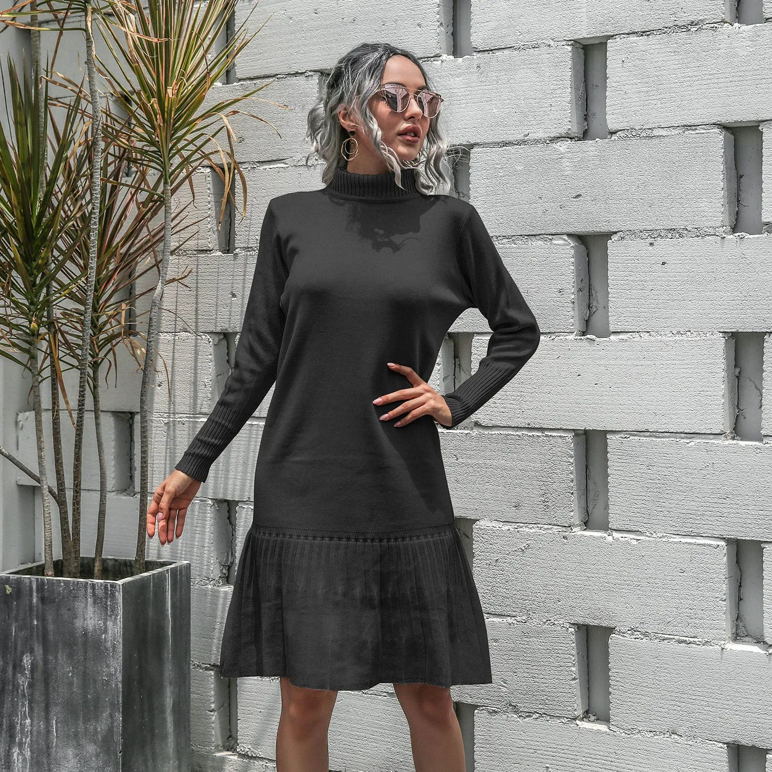 High-collared Ruffled Knit Pleated Sweater Mini Dresses