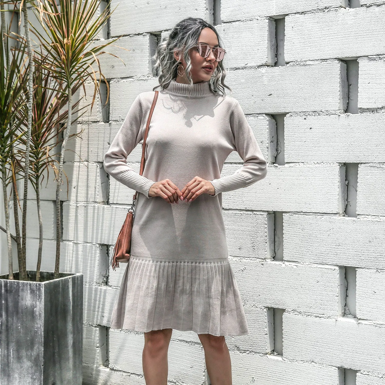 High-collared Ruffled Knit Pleated Sweater Mini Dresses