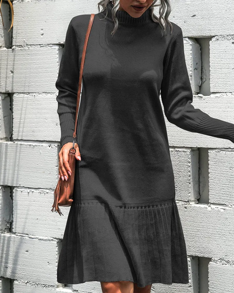 High-collared Ruffled Knit Pleated Sweater Mini Dresses