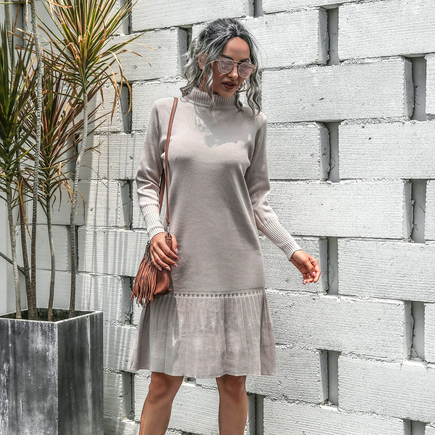 High-collared Ruffled Knit Pleated Sweater Mini Dresses