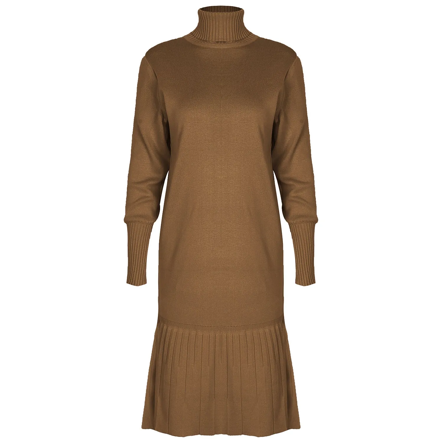 High-collared Ruffled Knit Pleated Sweater Mini Dresses