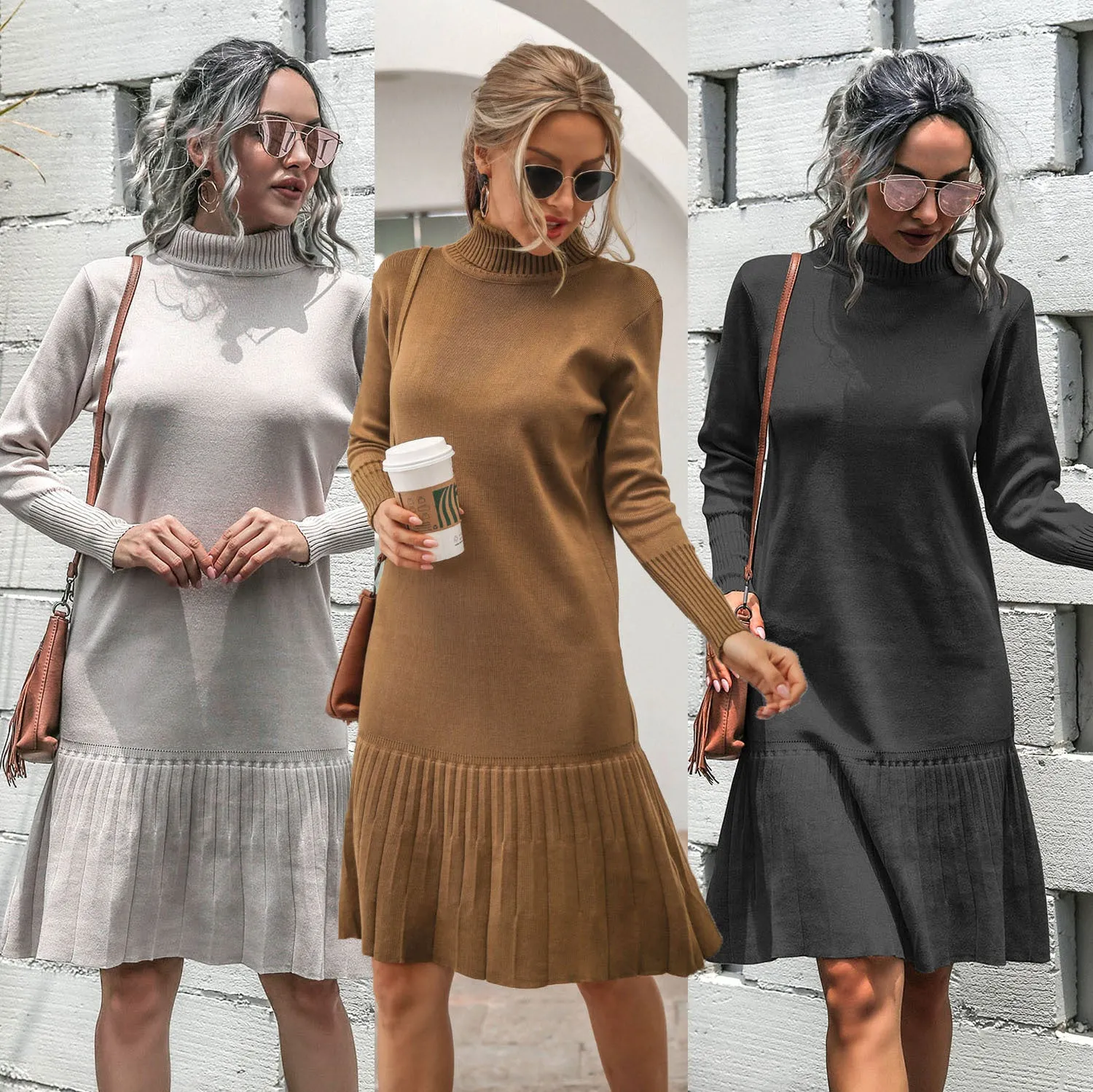 High-collared Ruffled Knit Pleated Sweater Mini Dresses