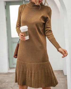 High-collared Ruffled Knit Pleated Sweater Mini Dresses