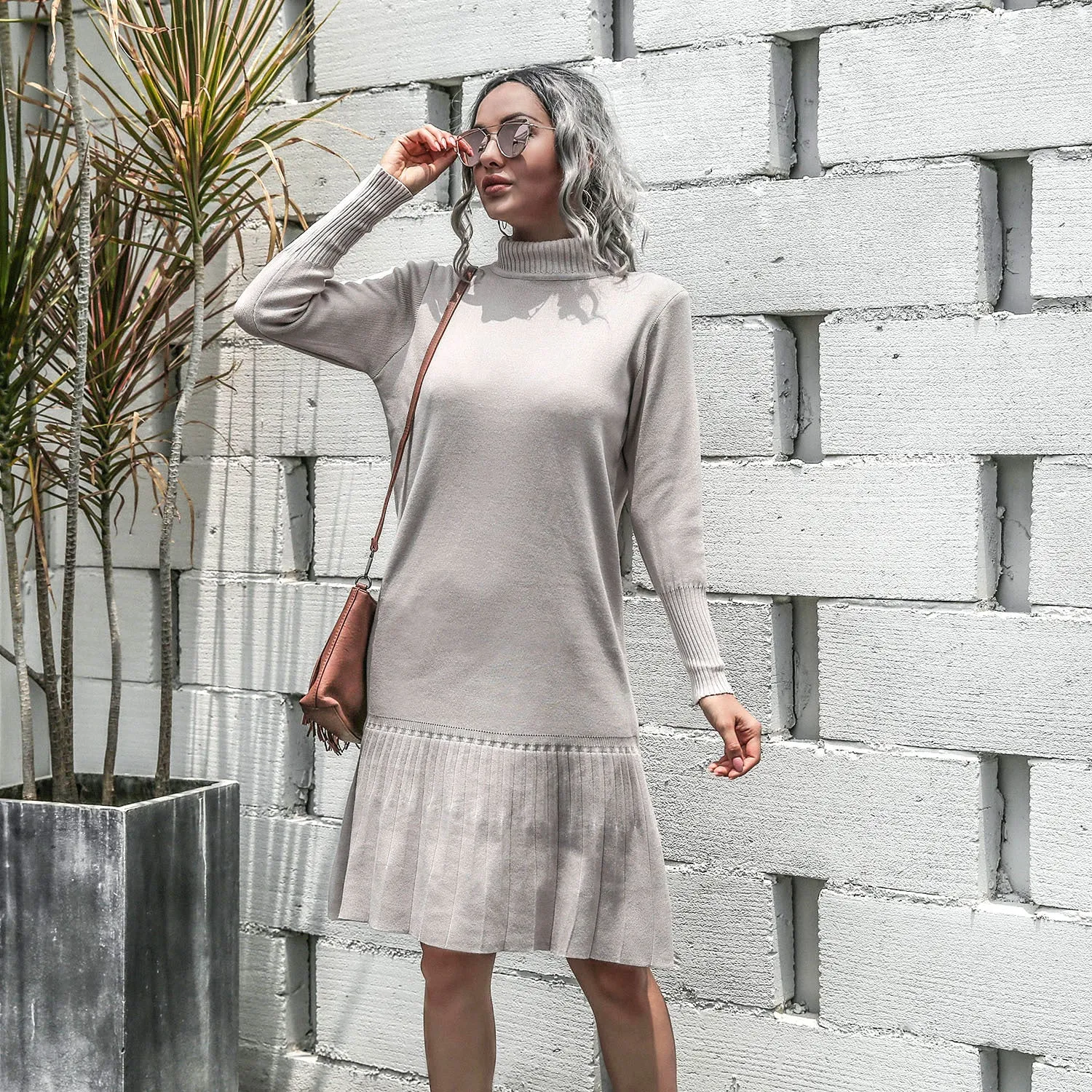 High-collared Ruffled Knit Pleated Sweater Mini Dresses