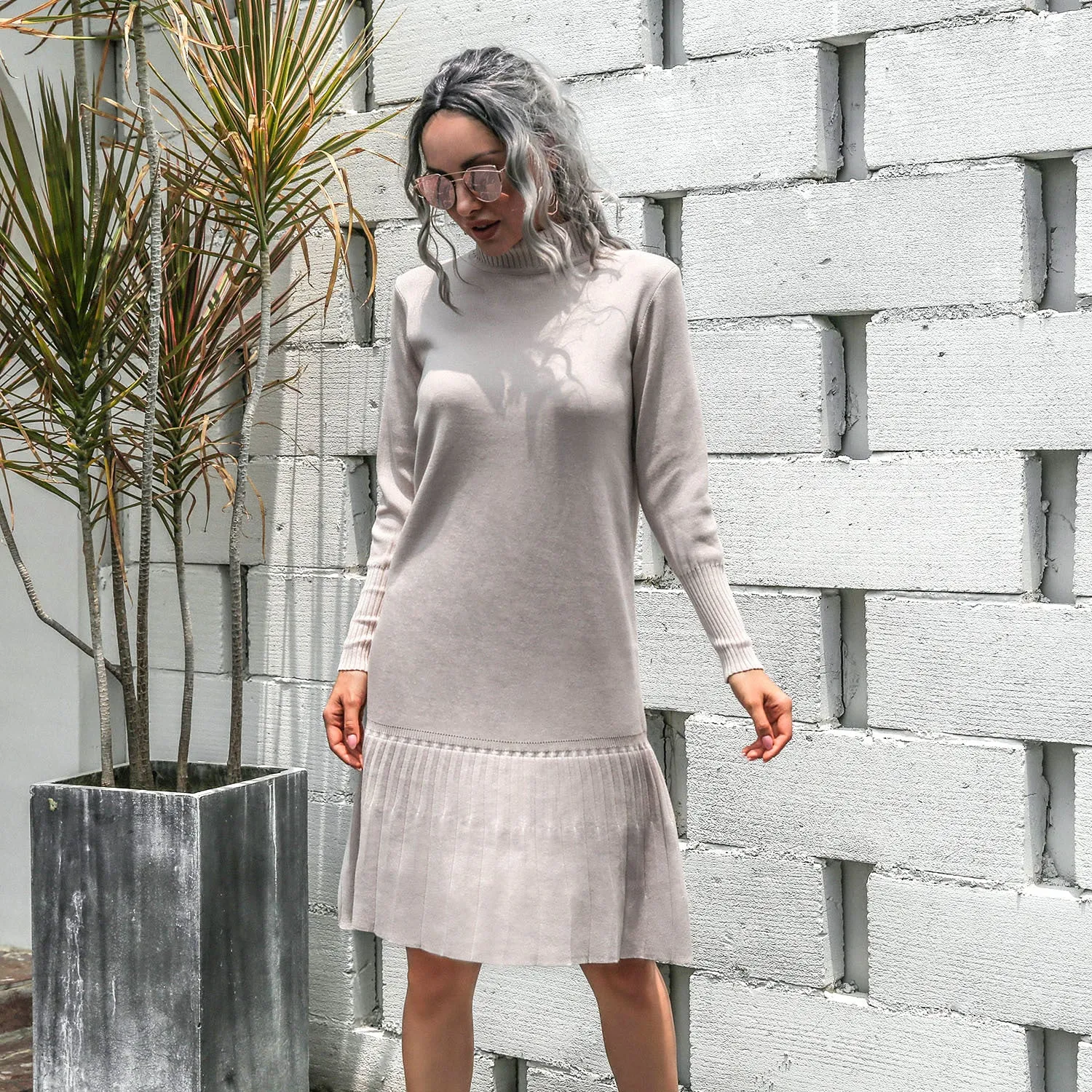 High-collared Ruffled Knit Pleated Sweater Mini Dresses