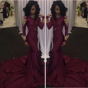 High-Neck Burgundy Prom Dresses Mermaid Long-Sleeves Dress