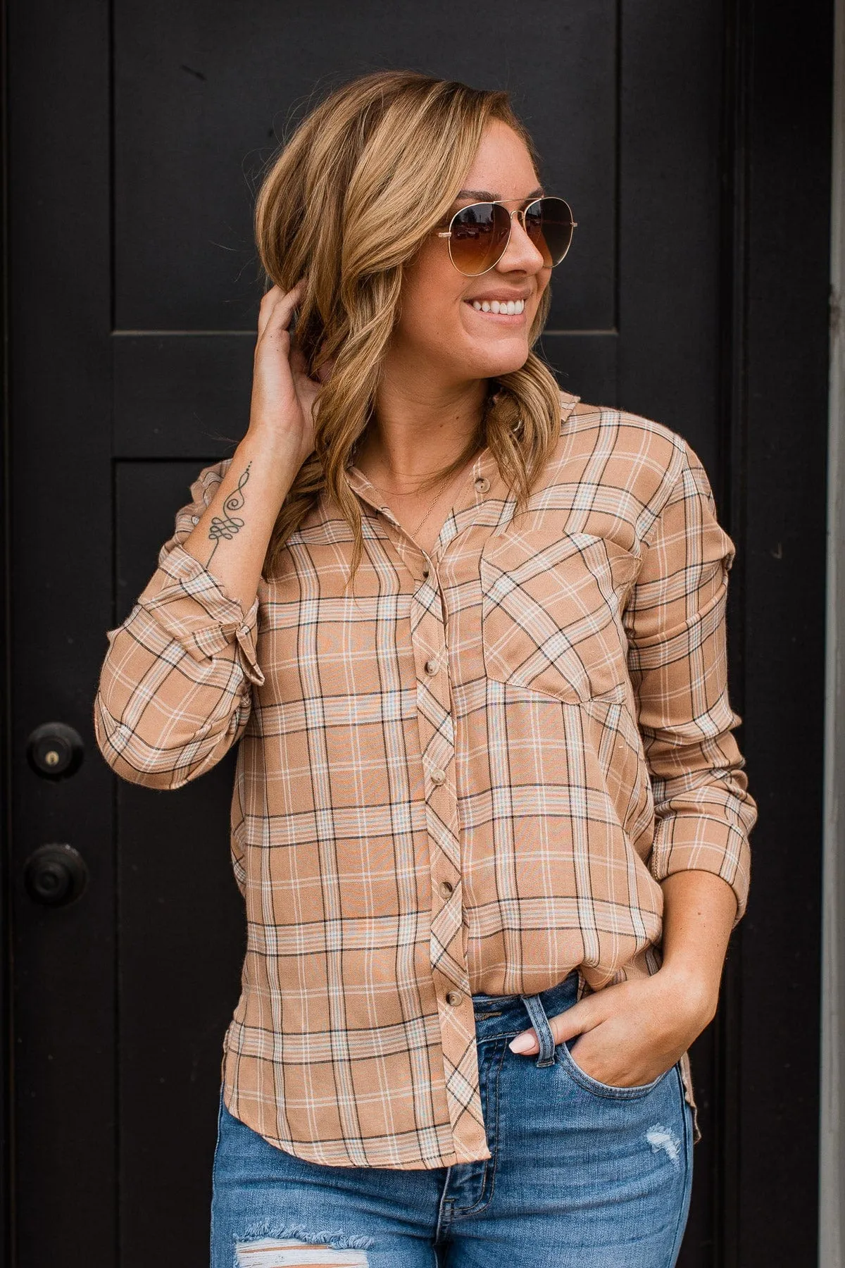 Holding Up My Own Plaid Top- Taupe