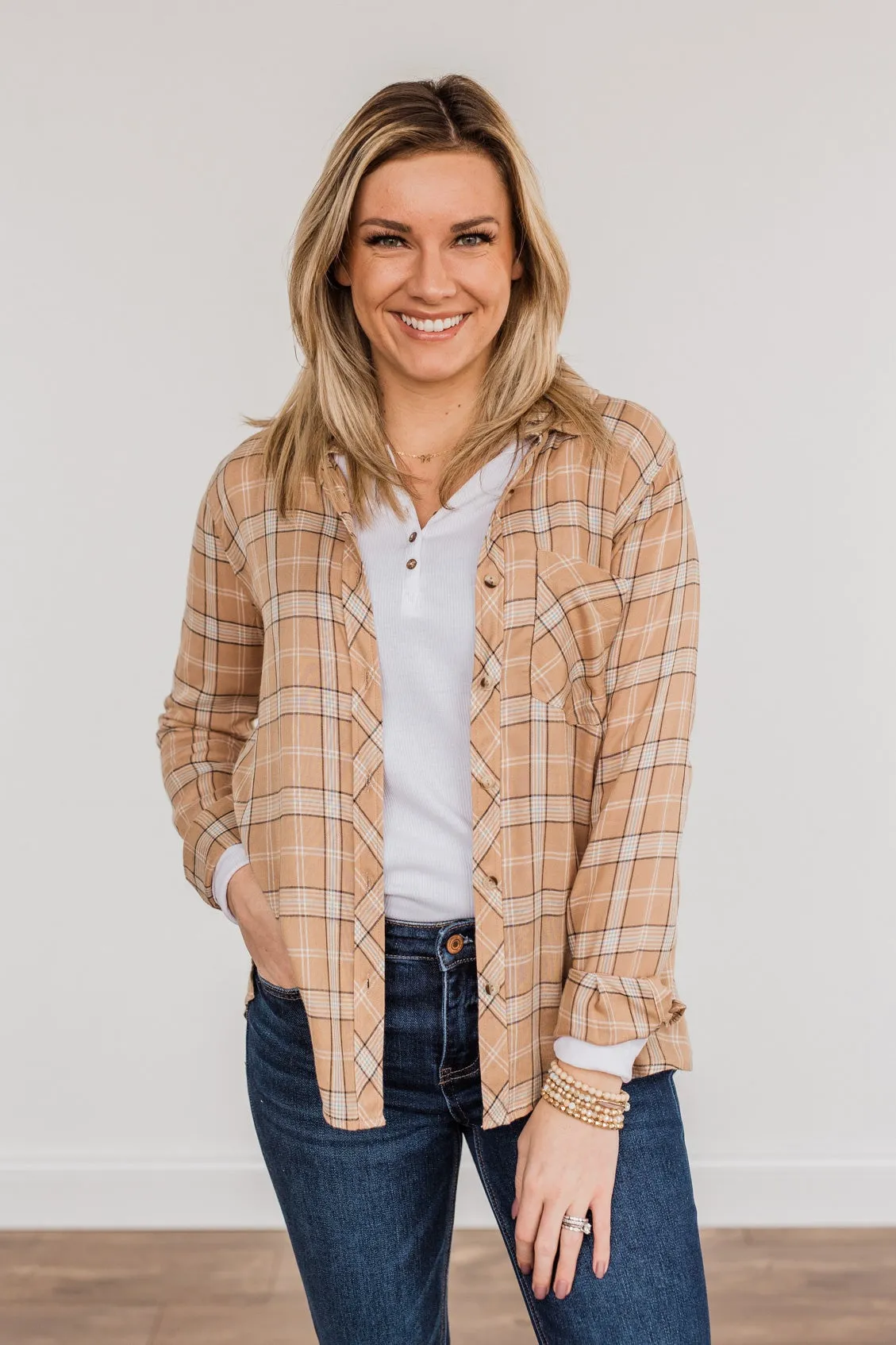 Holding Up My Own Plaid Top- Taupe