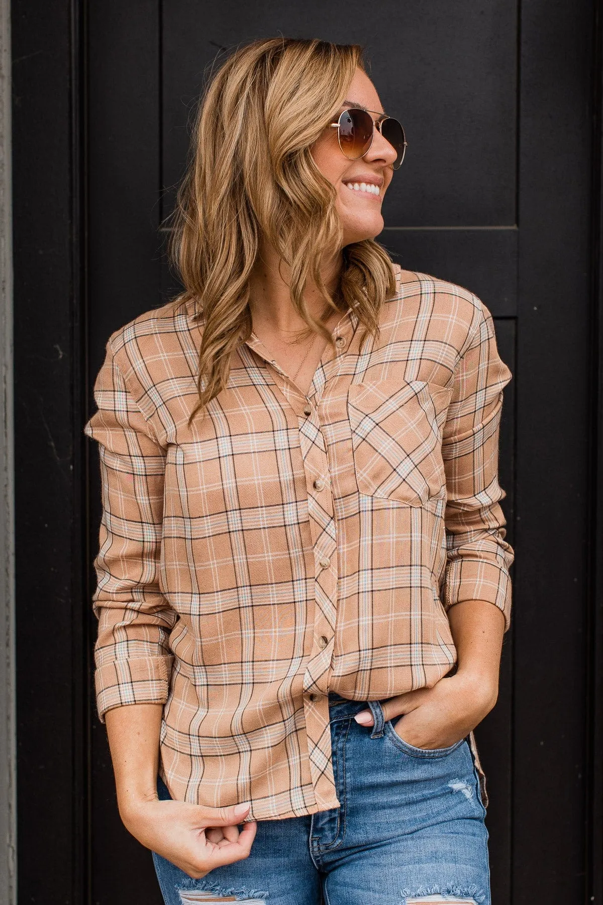 Holding Up My Own Plaid Top- Taupe