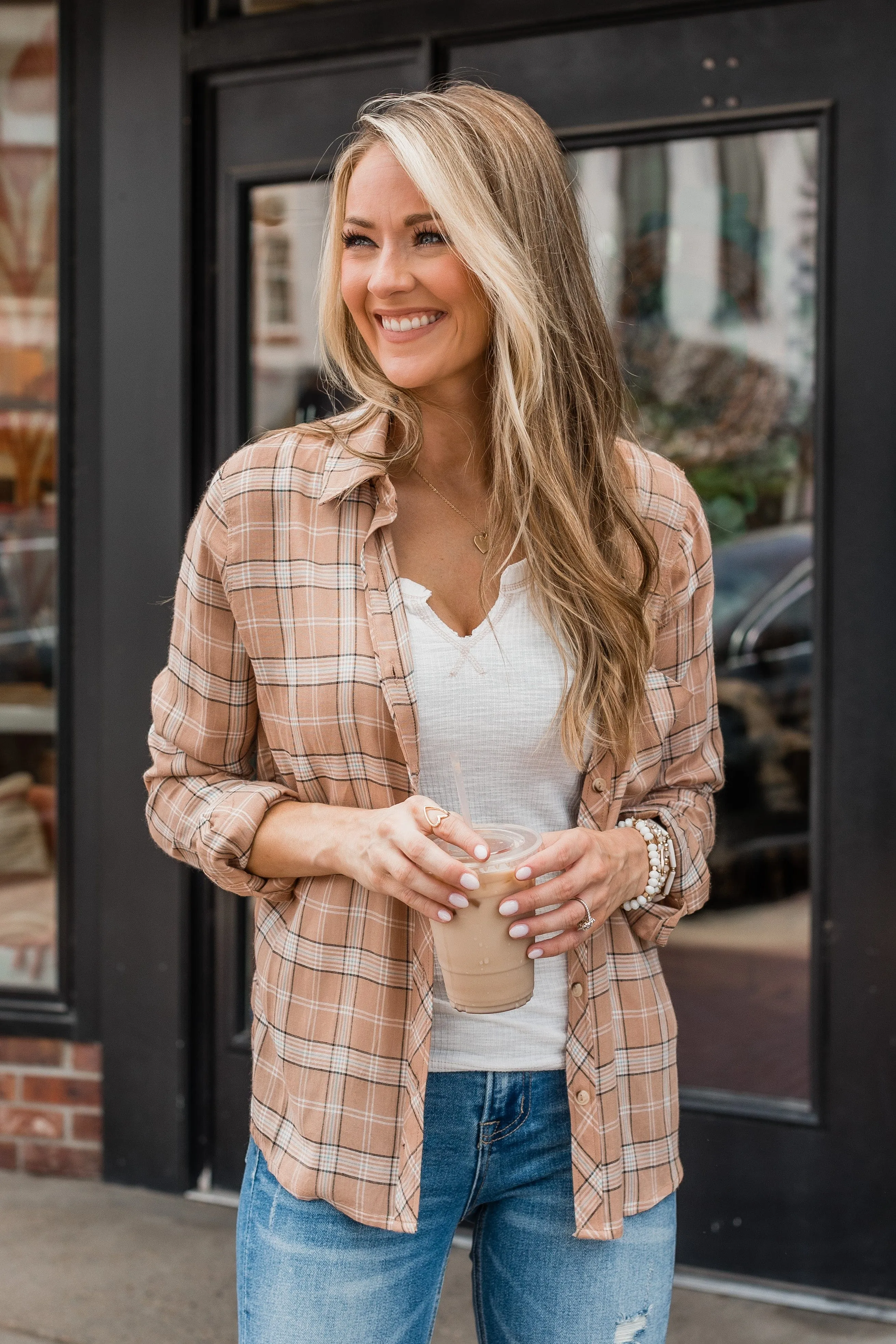Holding Up My Own Plaid Top- Taupe