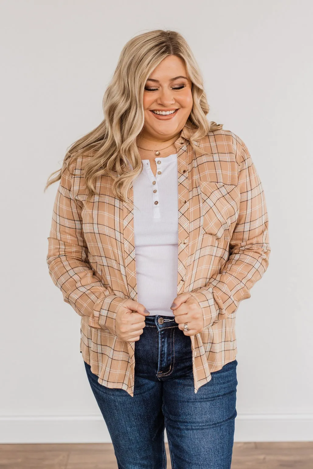 Holding Up My Own Plaid Top- Taupe