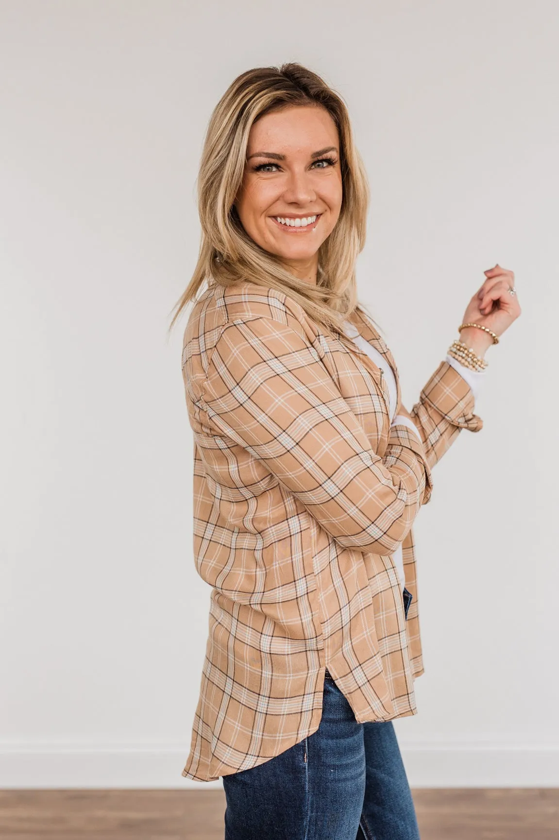 Holding Up My Own Plaid Top- Taupe