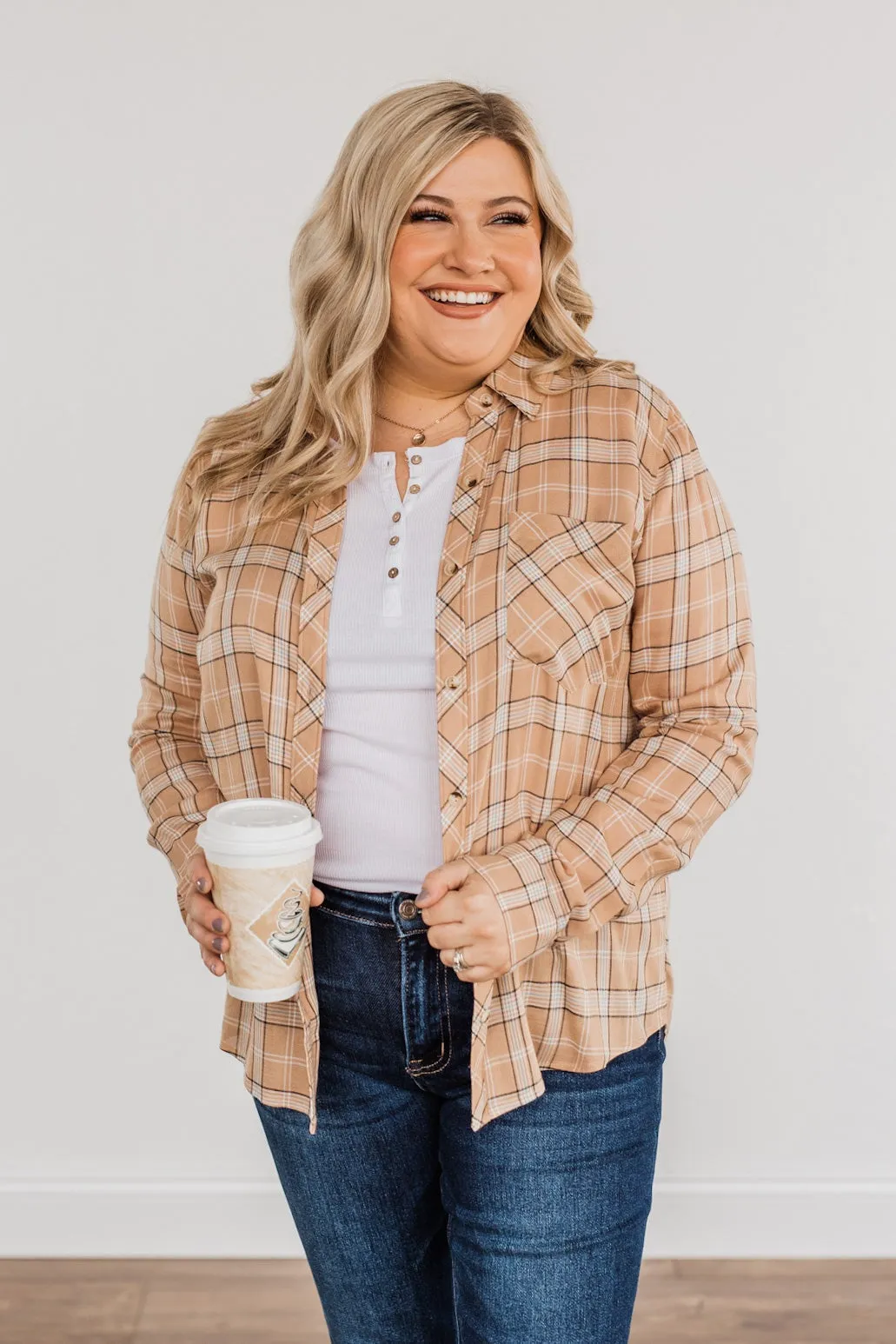 Holding Up My Own Plaid Top- Taupe