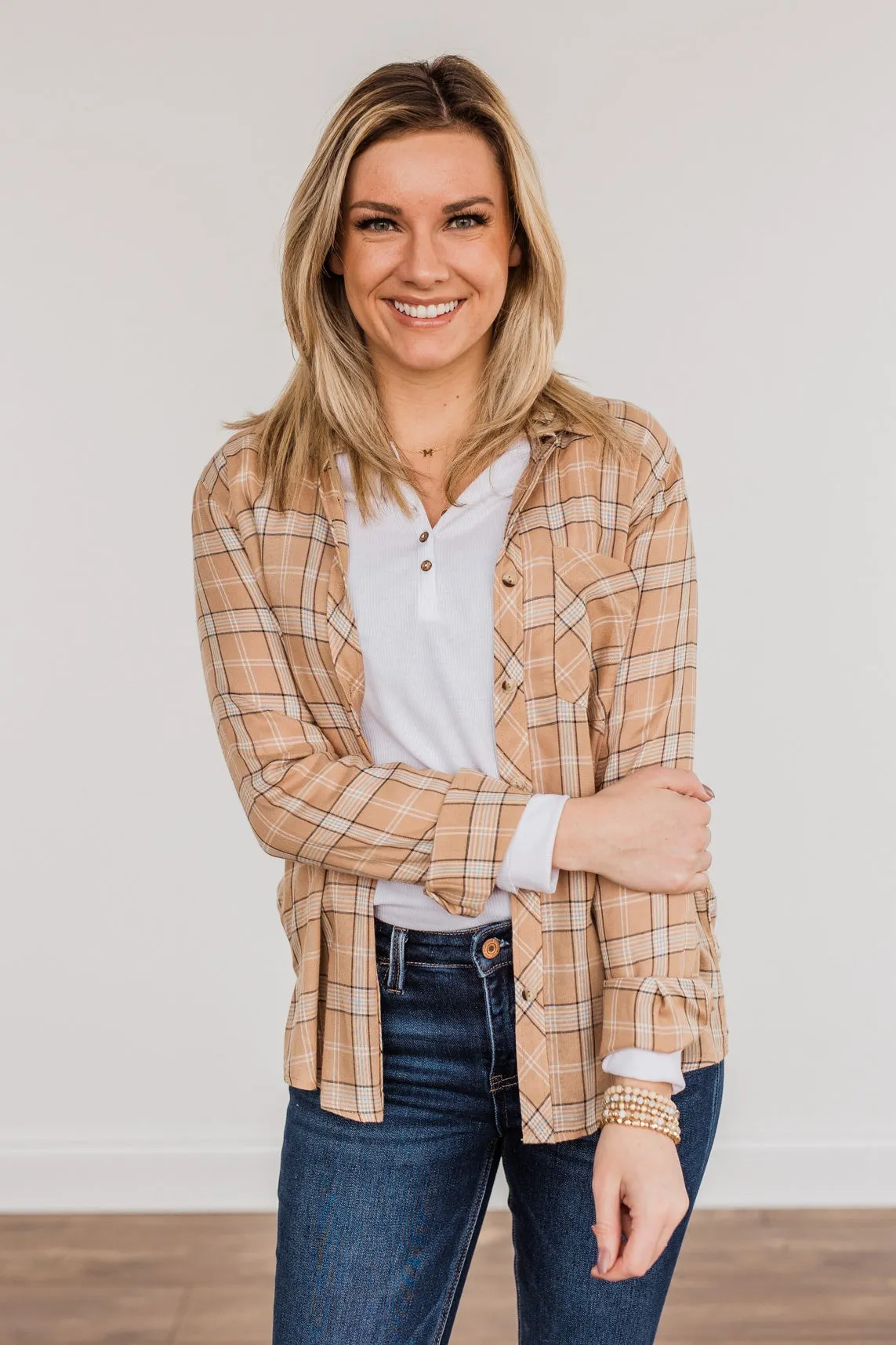 Holding Up My Own Plaid Top- Taupe
