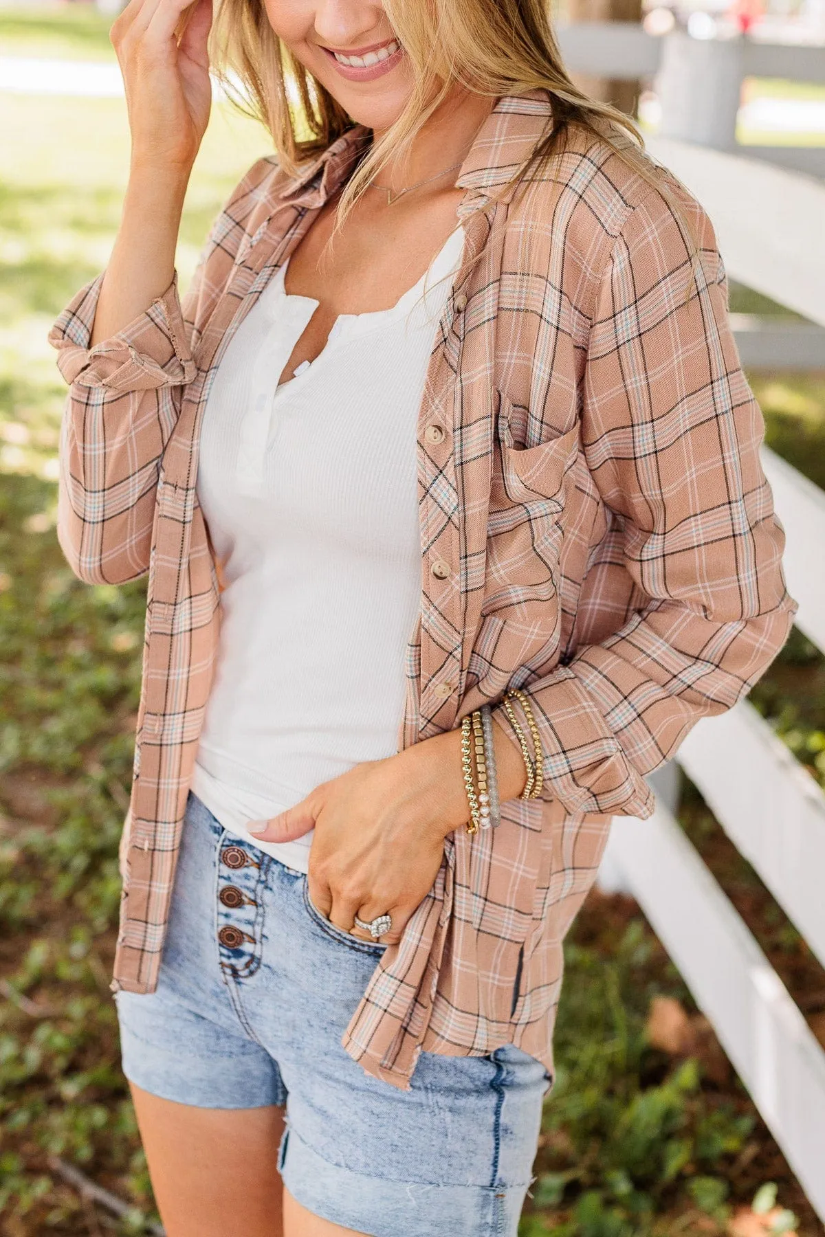 Holding Up My Own Plaid Top- Taupe