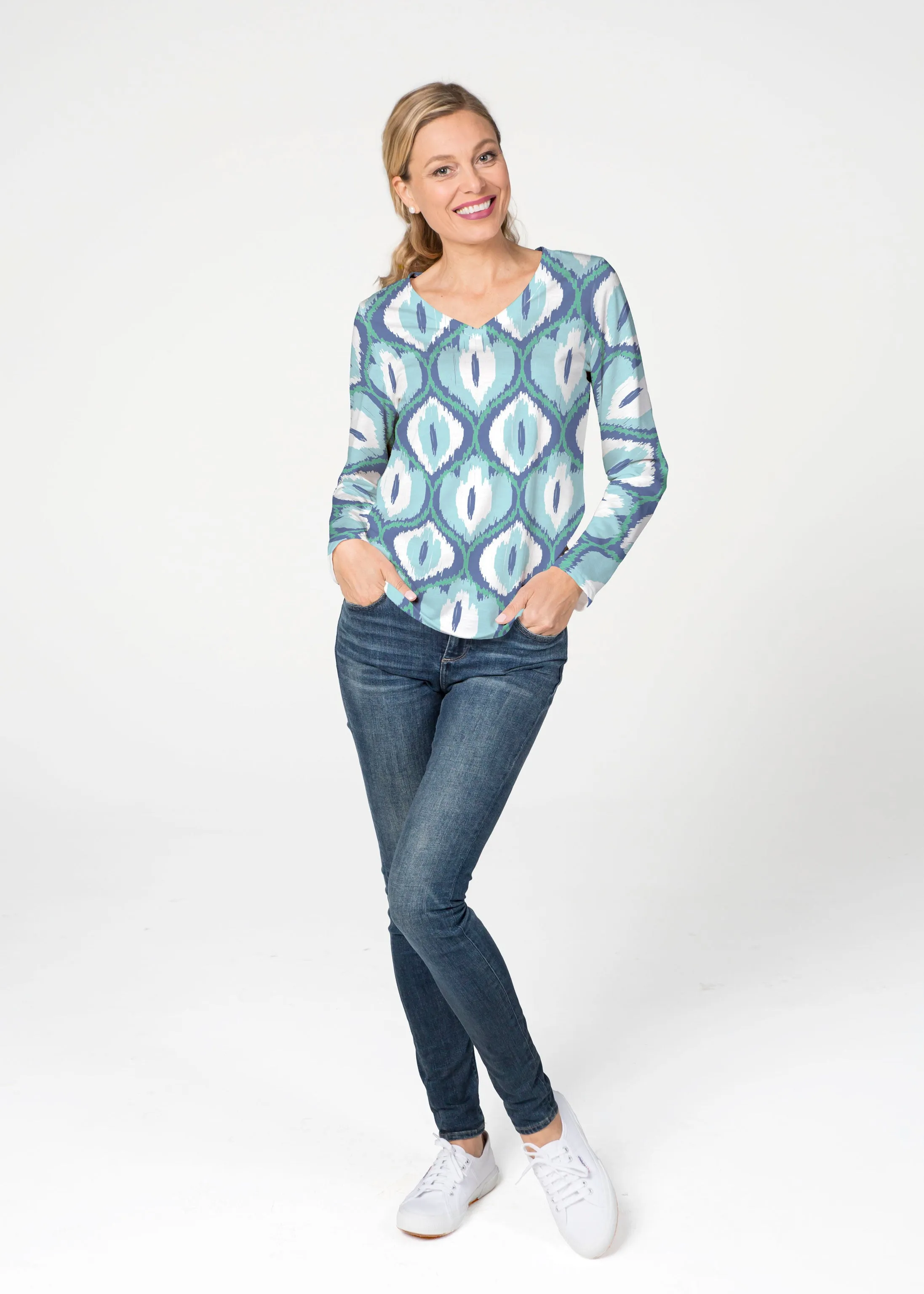 Ikat Buds Blue (8075) ~ French Terry V-neck Top
