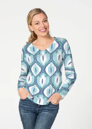 Ikat Buds Blue (8075) ~ French Terry V-neck Top