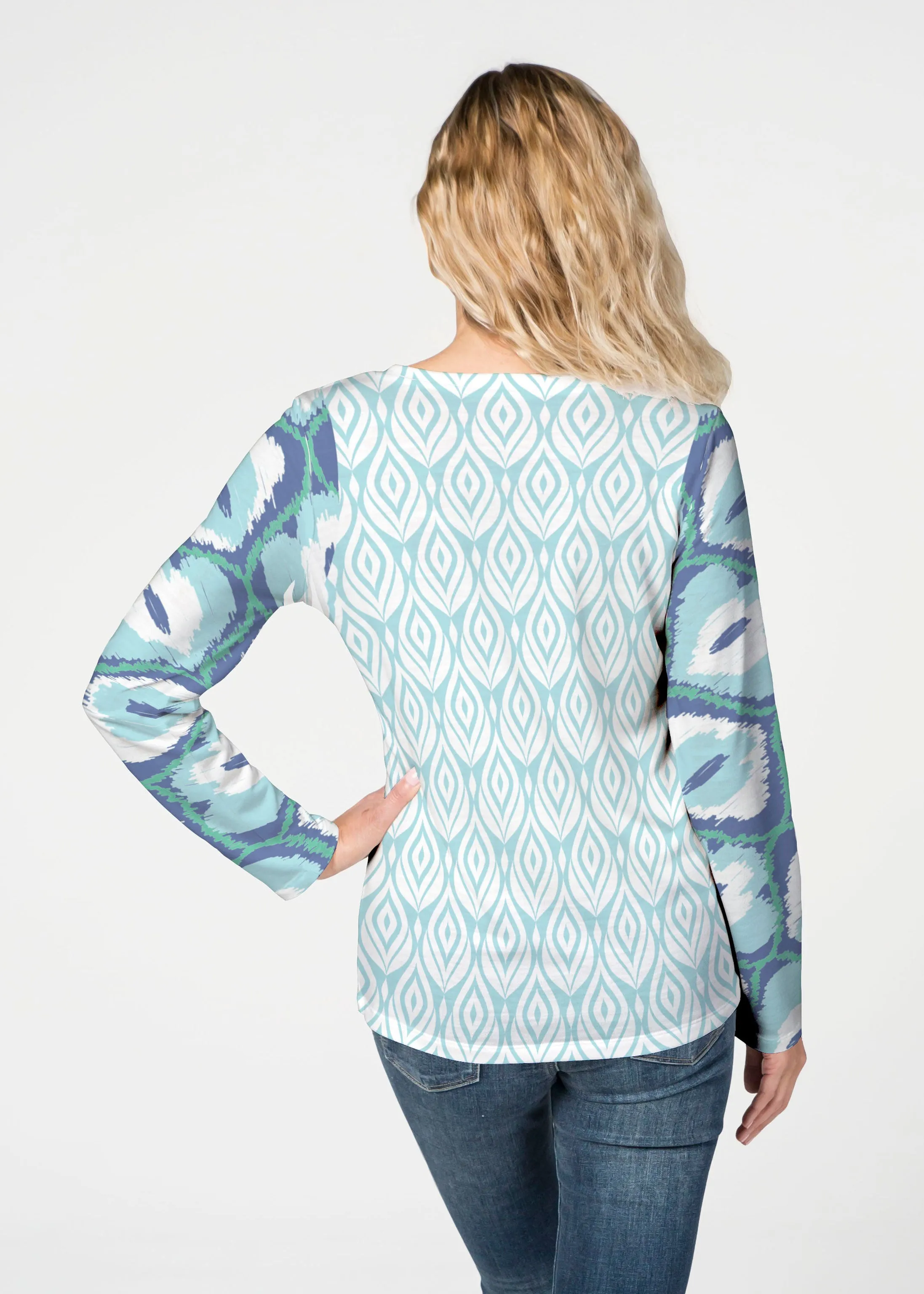 Ikat Buds Blue (8075) ~ French Terry V-neck Top
