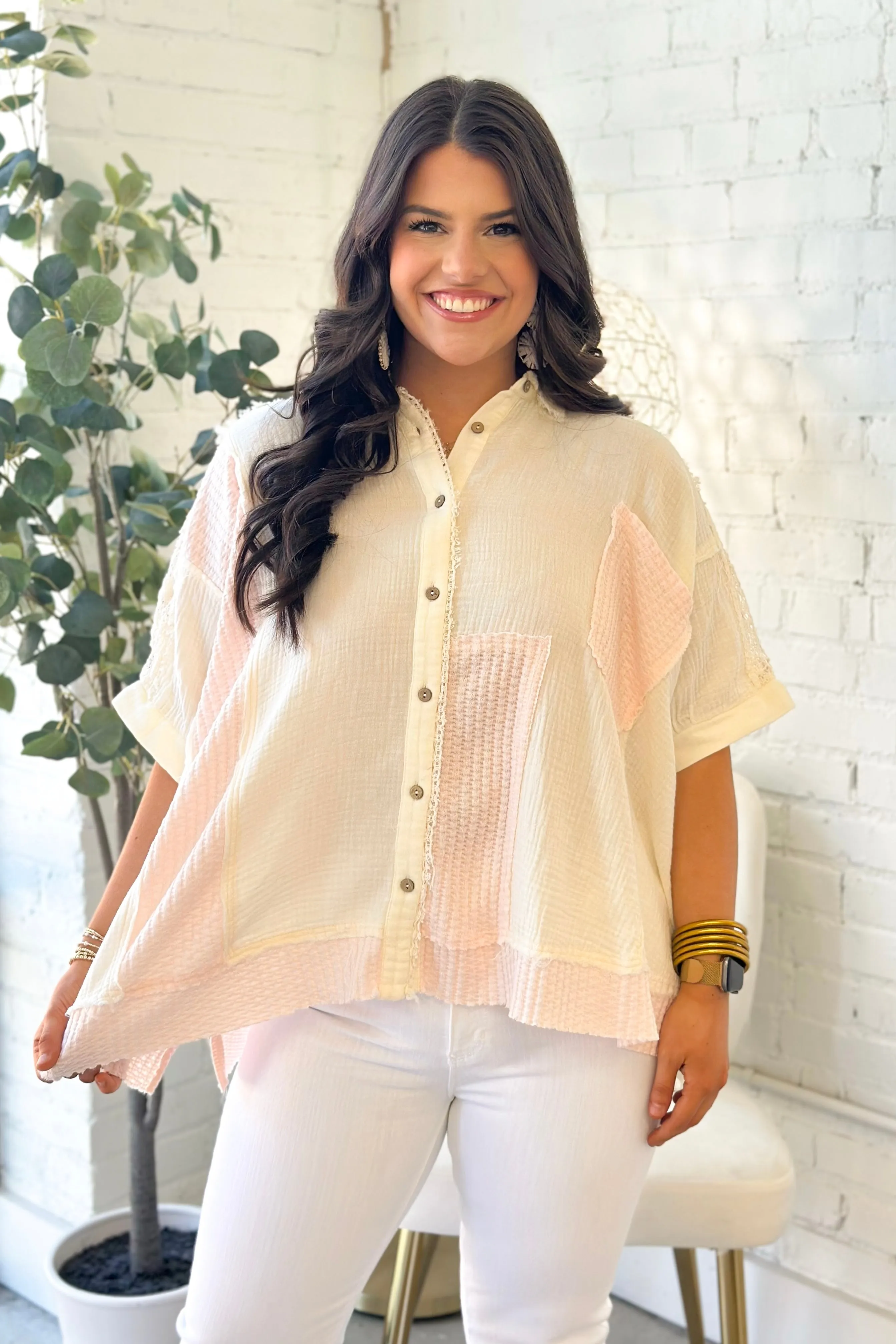 Ivory Short Sleeve Color Mix Detail Top