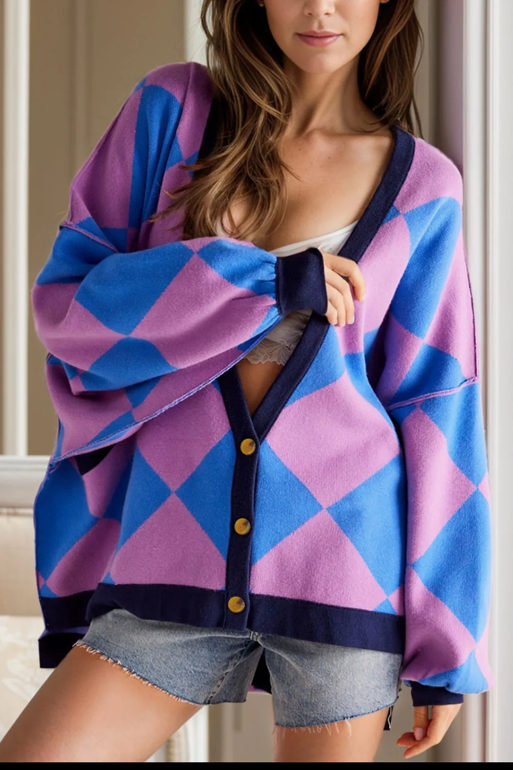 Jessi Checkered Button Up Long Sleeve Cardigan