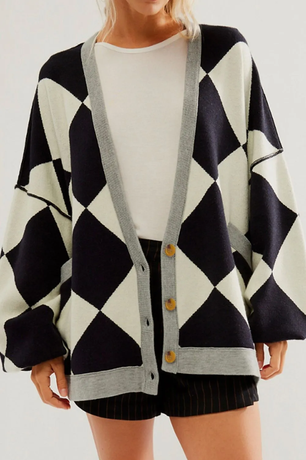 Jessi Checkered Button Up Long Sleeve Cardigan