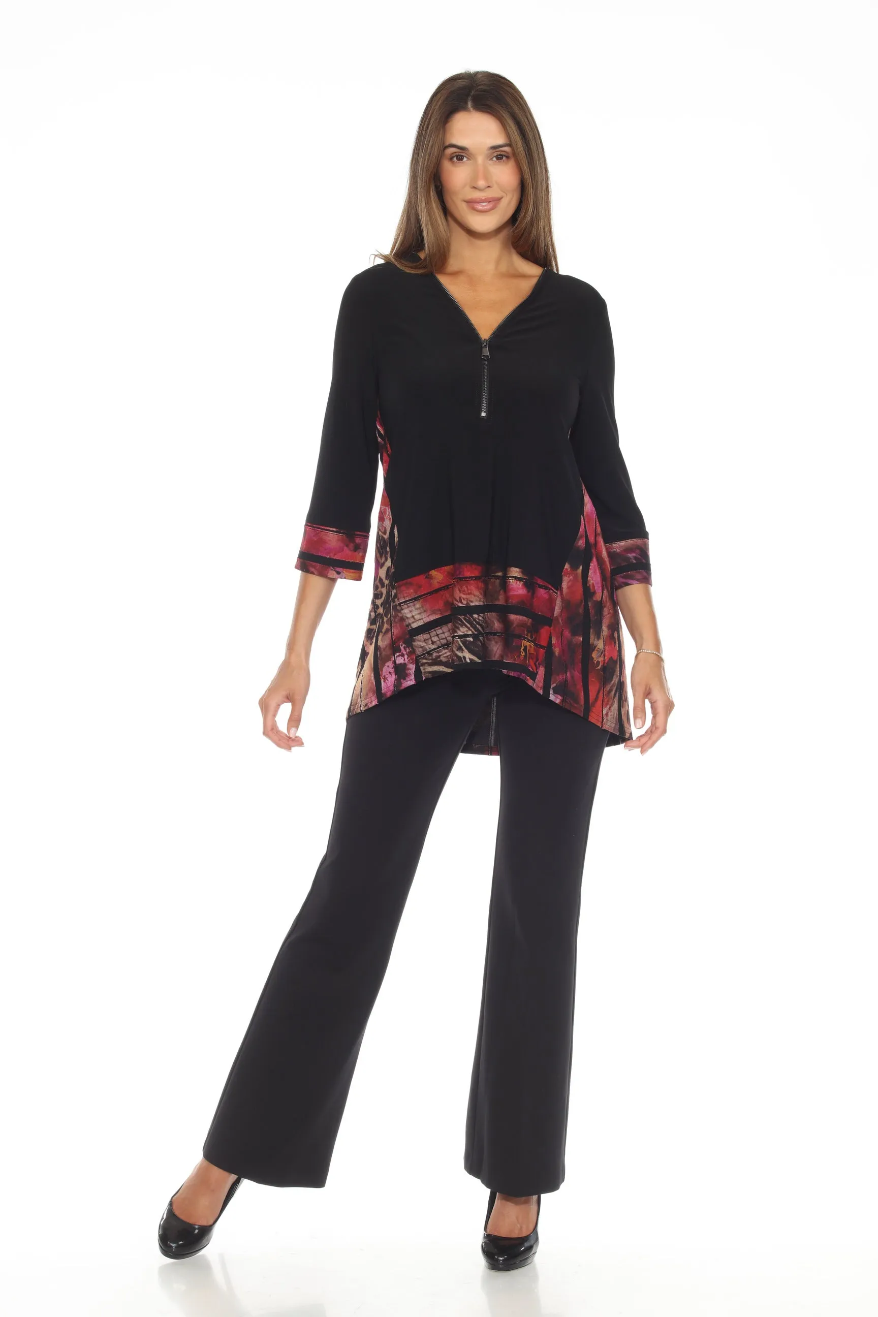 Joseph Ribkoff Black/Multi Abstract Stripes High Low Tunic Top 243157