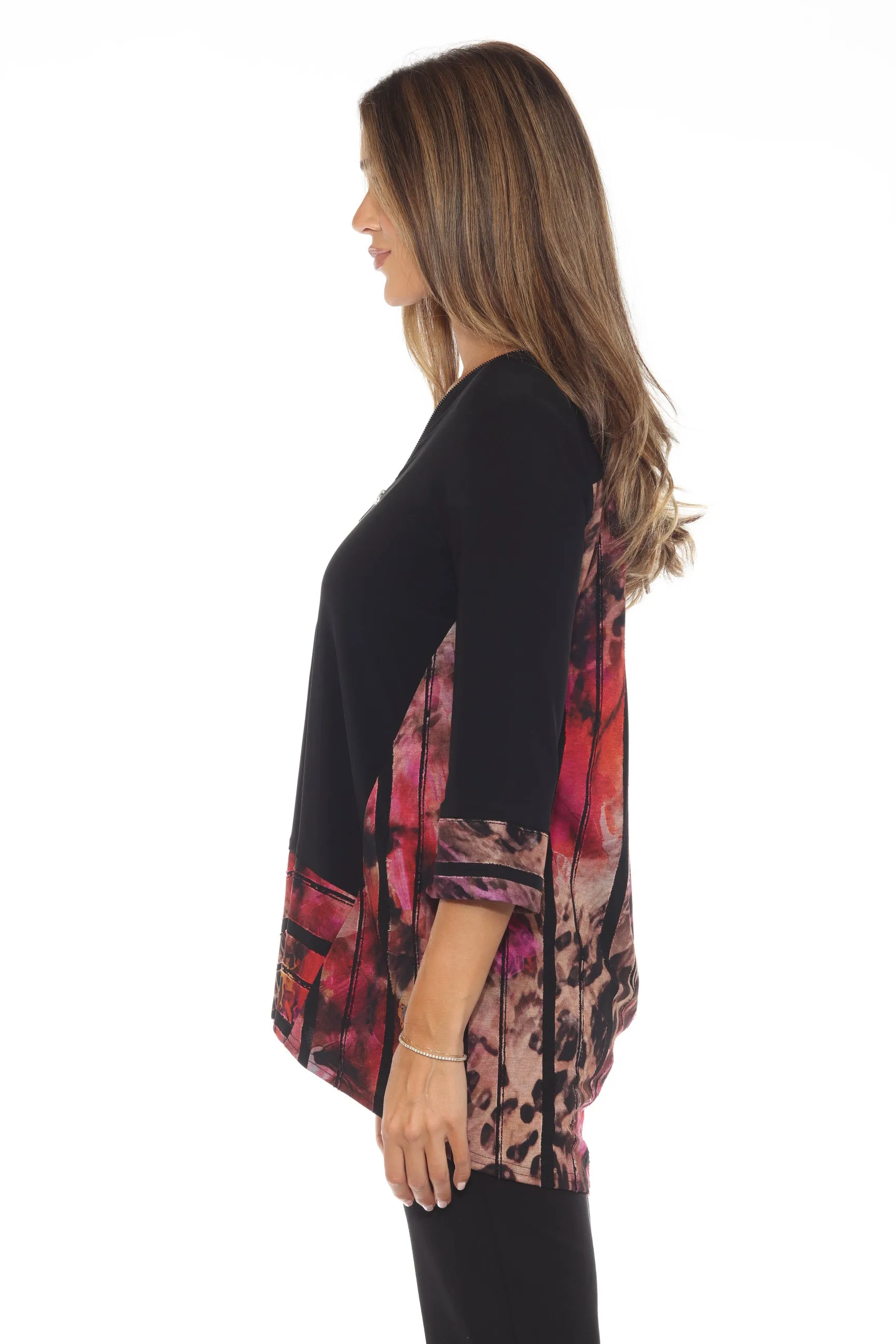 Joseph Ribkoff Black/Multi Abstract Stripes High Low Tunic Top 243157