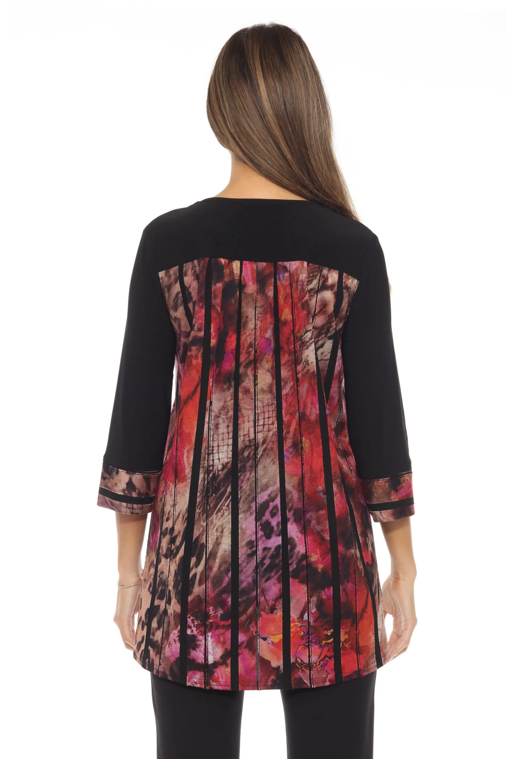 Joseph Ribkoff Black/Multi Abstract Stripes High Low Tunic Top 243157