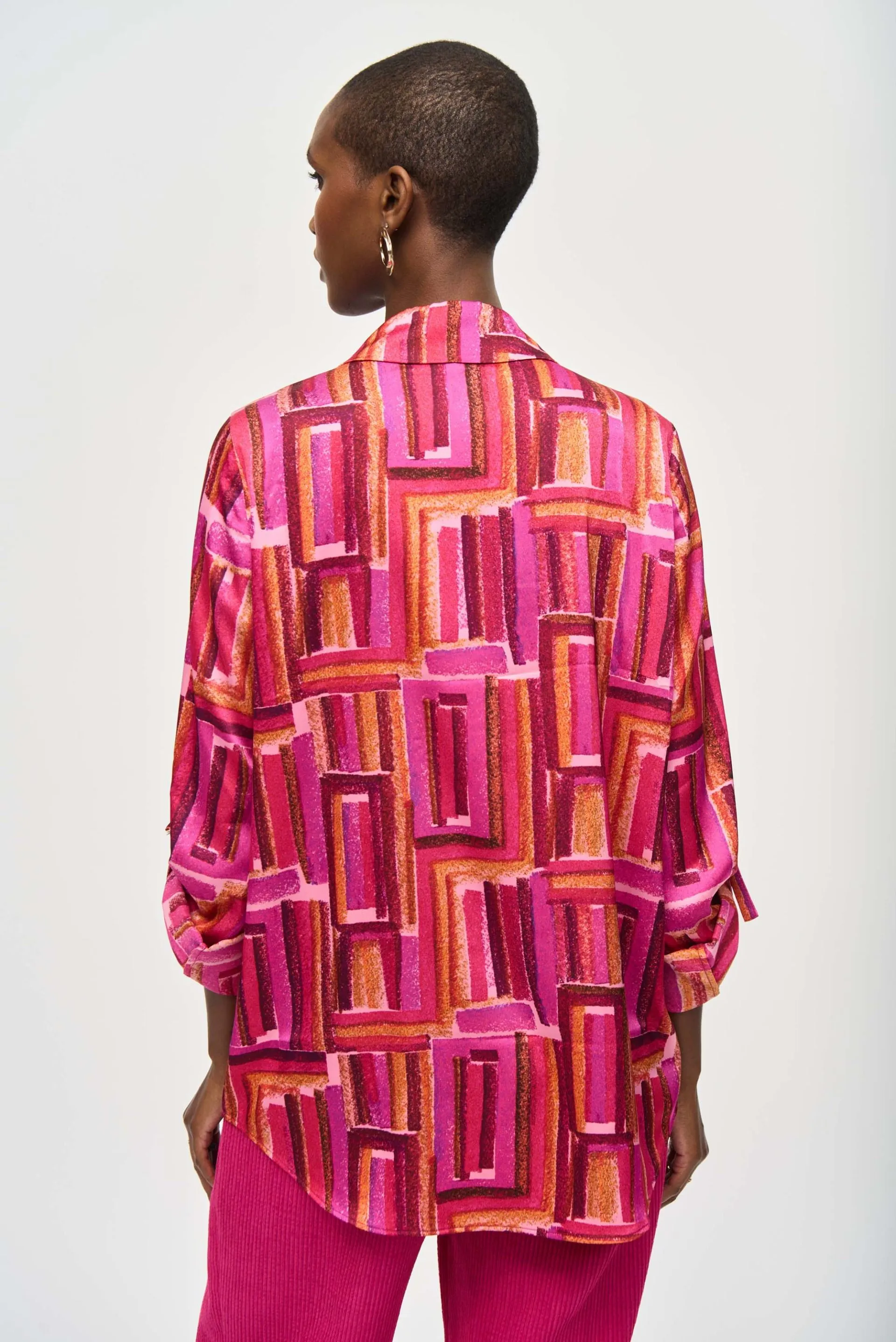 Joseph Ribkoff Pink/Multi Geometric Roll-Tab Button-Down Blouse 243939