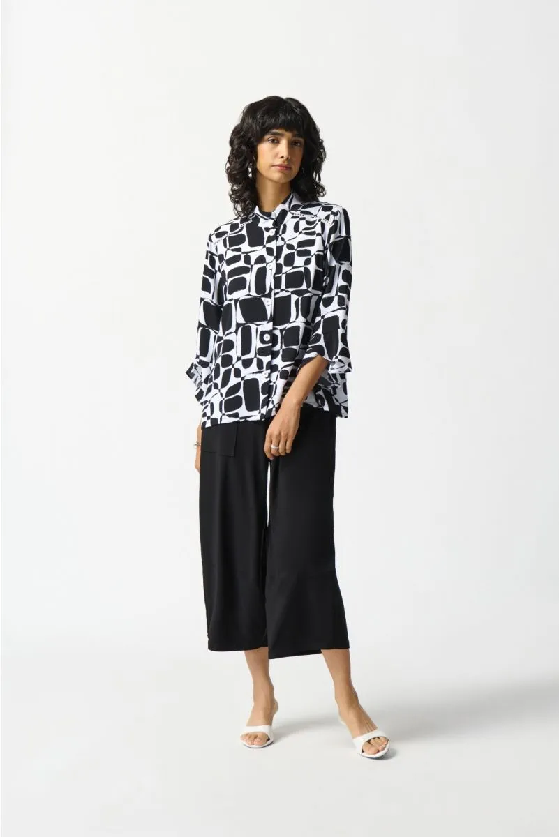 Joseph Ribkoff Vanilla/Black Geometric Print Button Front Boxy Blouse 242213