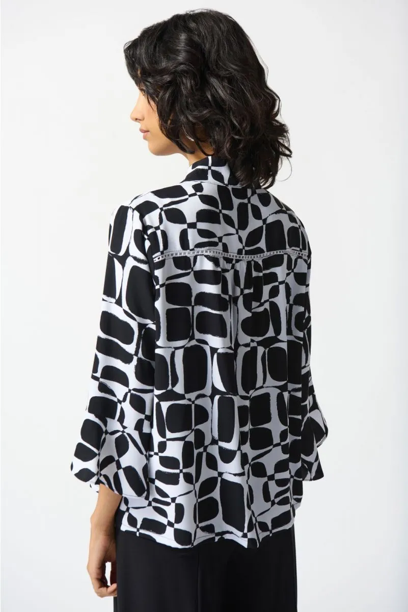 Joseph Ribkoff Vanilla/Black Geometric Print Button Front Boxy Blouse 242213