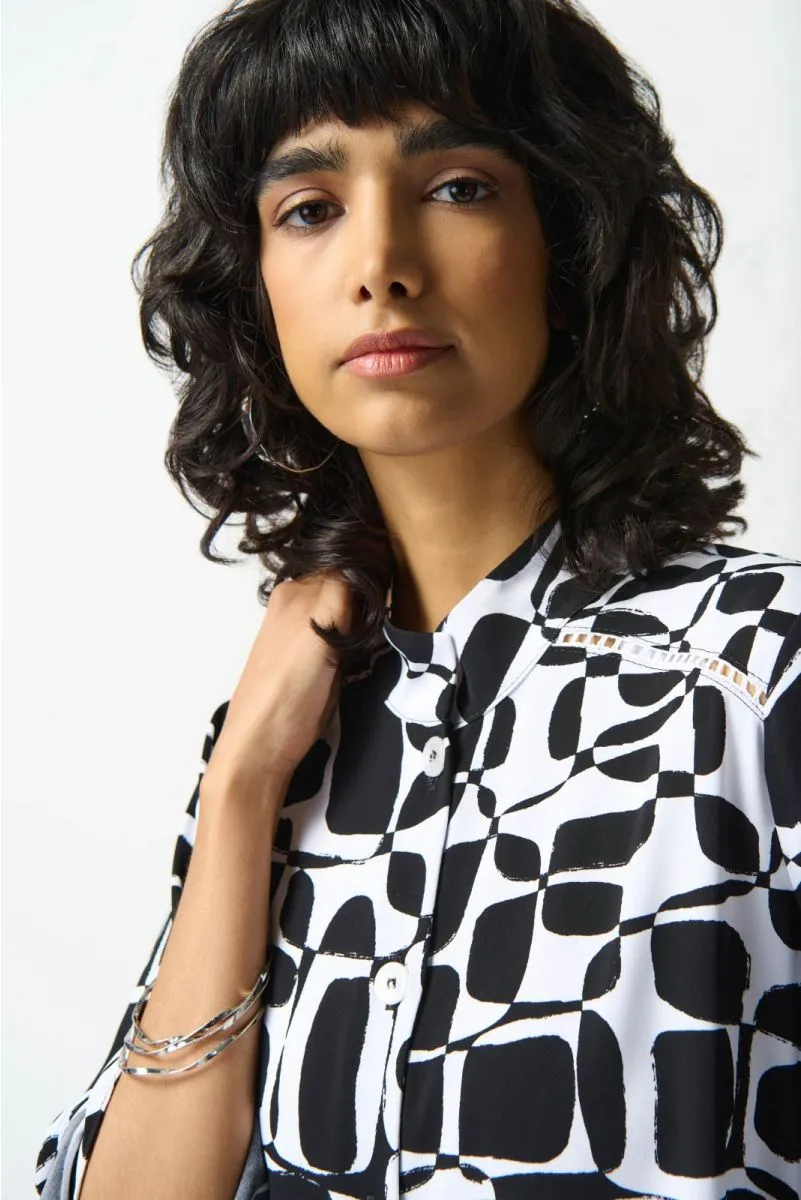 Joseph Ribkoff Vanilla/Black Geometric Print Button Front Boxy Blouse 242213