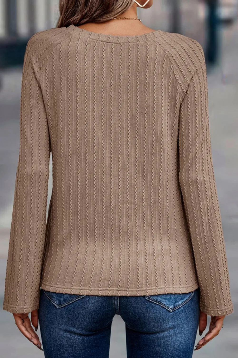Khaki Ribbed Round Neck Knit Long Sleeve Top