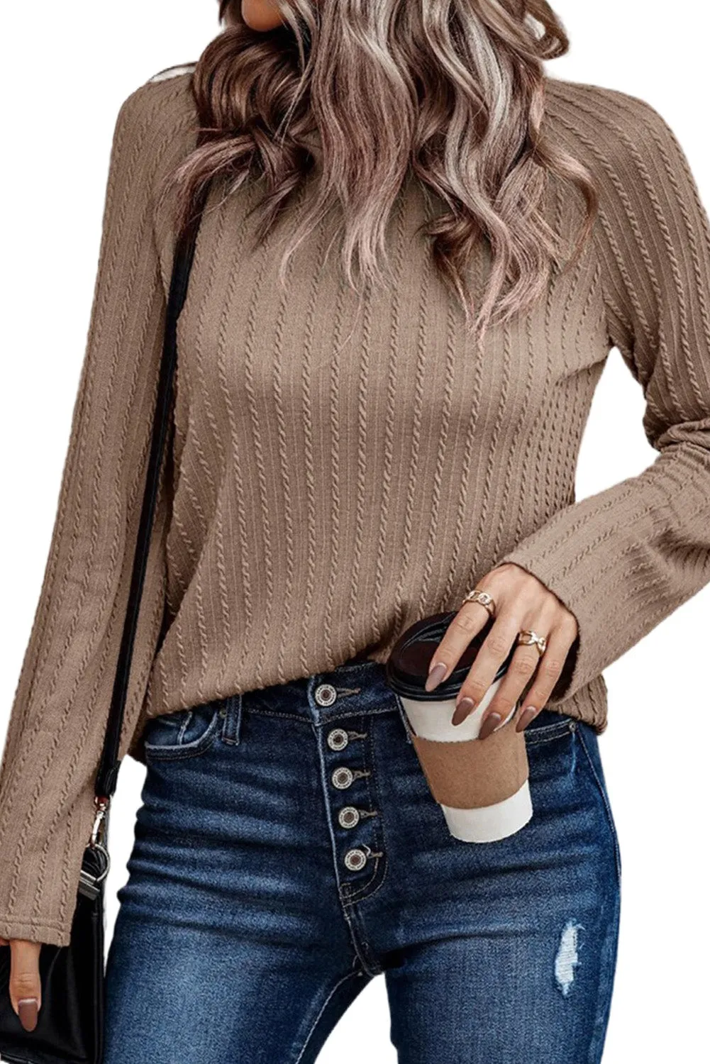 Khaki Ribbed Round Neck Knit Long Sleeve Top
