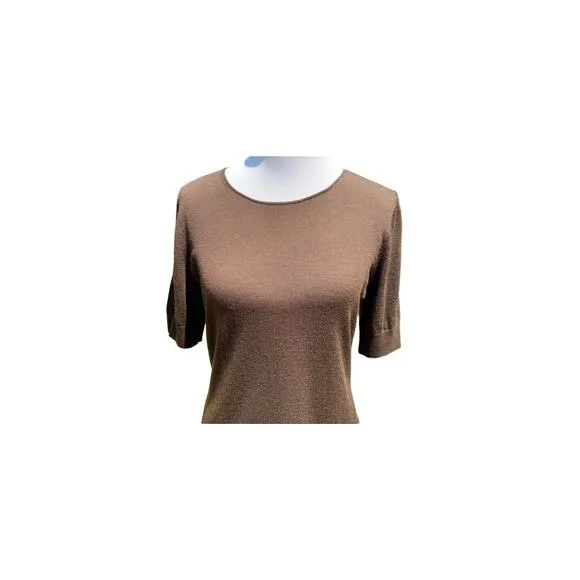 Lafayette 148 100% Wool Brown Round Neck Short Sleeve Sweater Knit Top - Medium
