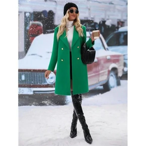Lapel Neck Double Breasted Overcoat Ladies Late Fall Regular Fit Green