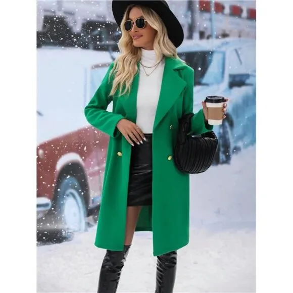 Lapel Neck Double Breasted Overcoat Ladies Late Fall Regular Fit Green