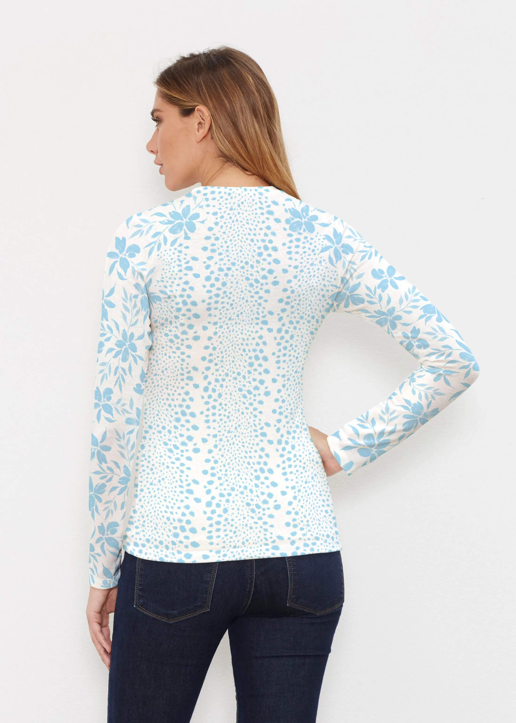 Leopard Rose Aqua (8028) ~ Butterknit Long Sleeve V-Neck Top