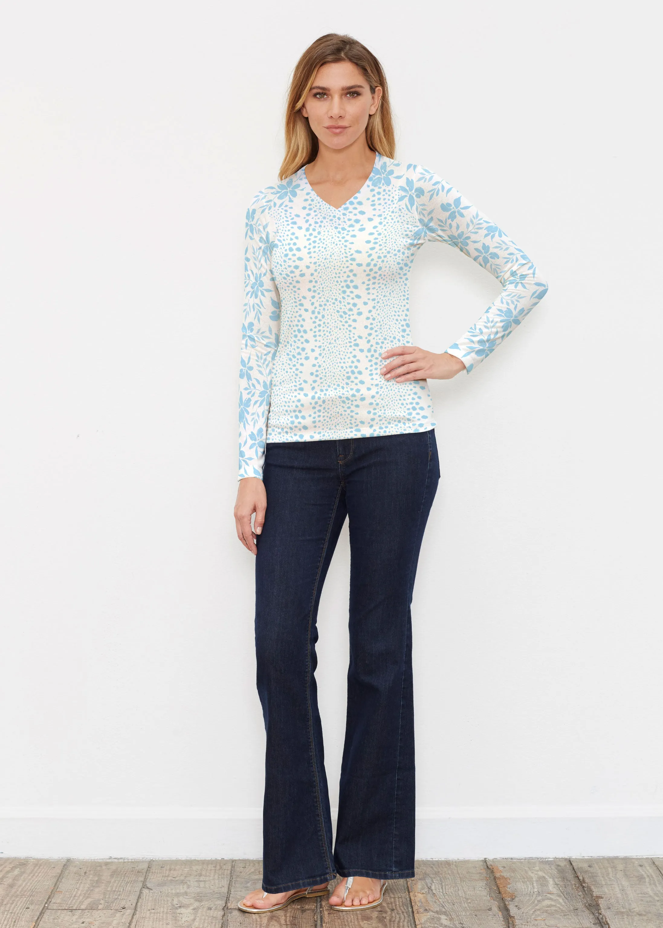 Leopard Rose Aqua (8028) ~ Butterknit Long Sleeve V-Neck Top