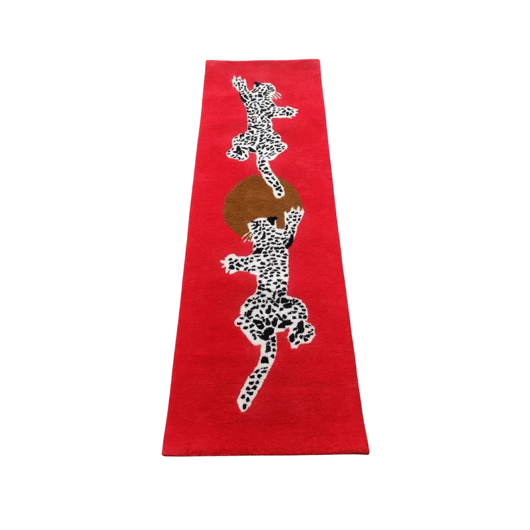 Leopards on Silky Road Hand Tufted Wool Rug Runner - Red