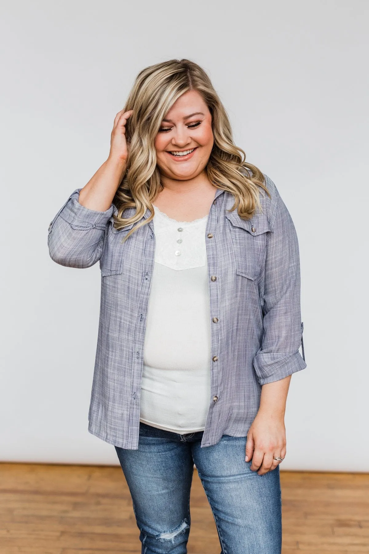 Let Me Adore You Button Down Top- Blue