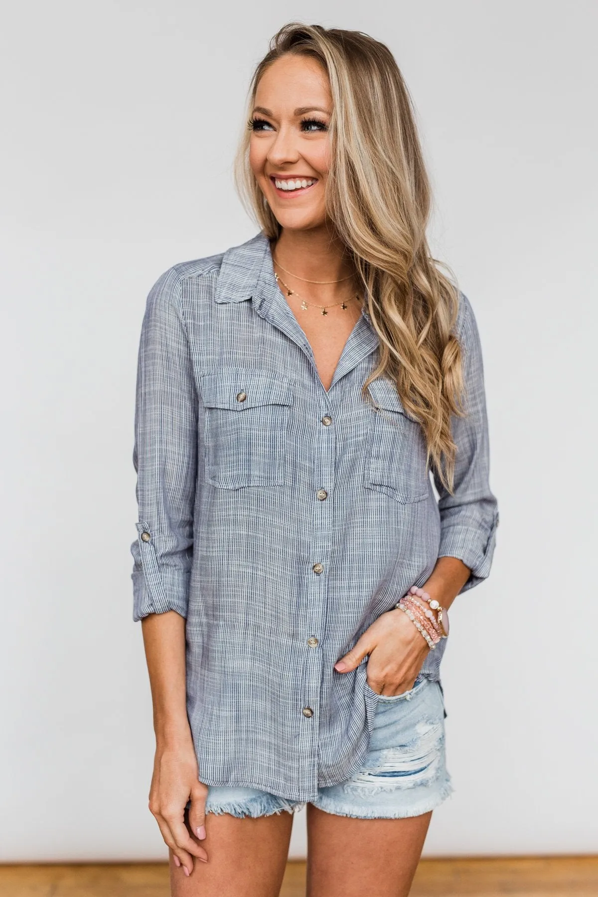 Let Me Adore You Button Down Top- Blue