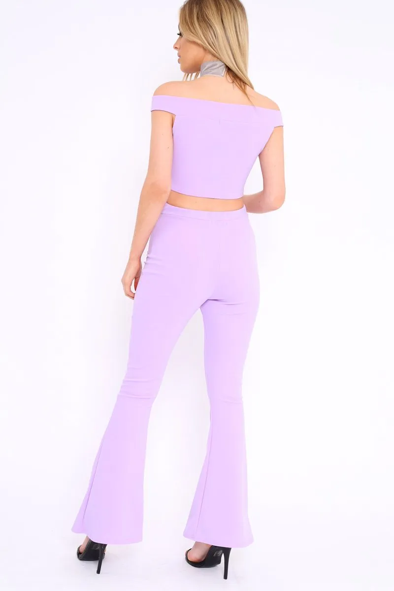 Lilac Bardot Crop Top and Flare Trousers Co-ord - Cacie