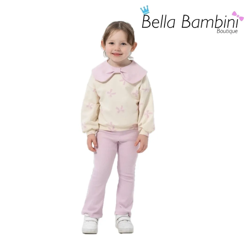 Lilac Bow Print Top With Flared Legging Set 4Y-7Y